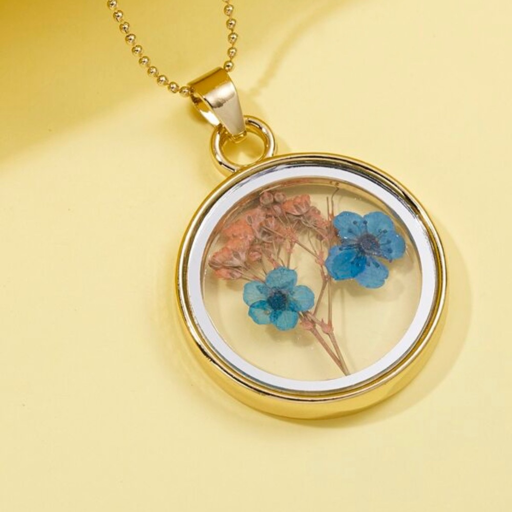 2/$15- Goldtone Press Dry Flower Necklace  - Blue